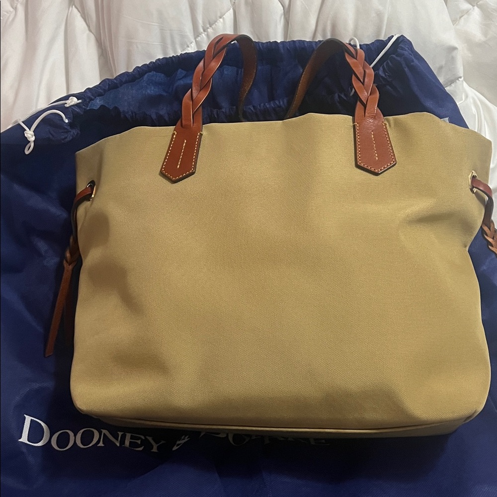 Dooney & Bourke Large Canvas Shopper Neutral Tan with Leather Trim Red interior - Picture 3 of 13
